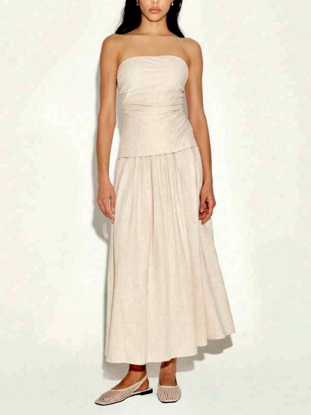 Strapless linen cream Maxi Dress - Elegant Summer Silhouette - Picture 1 of 5